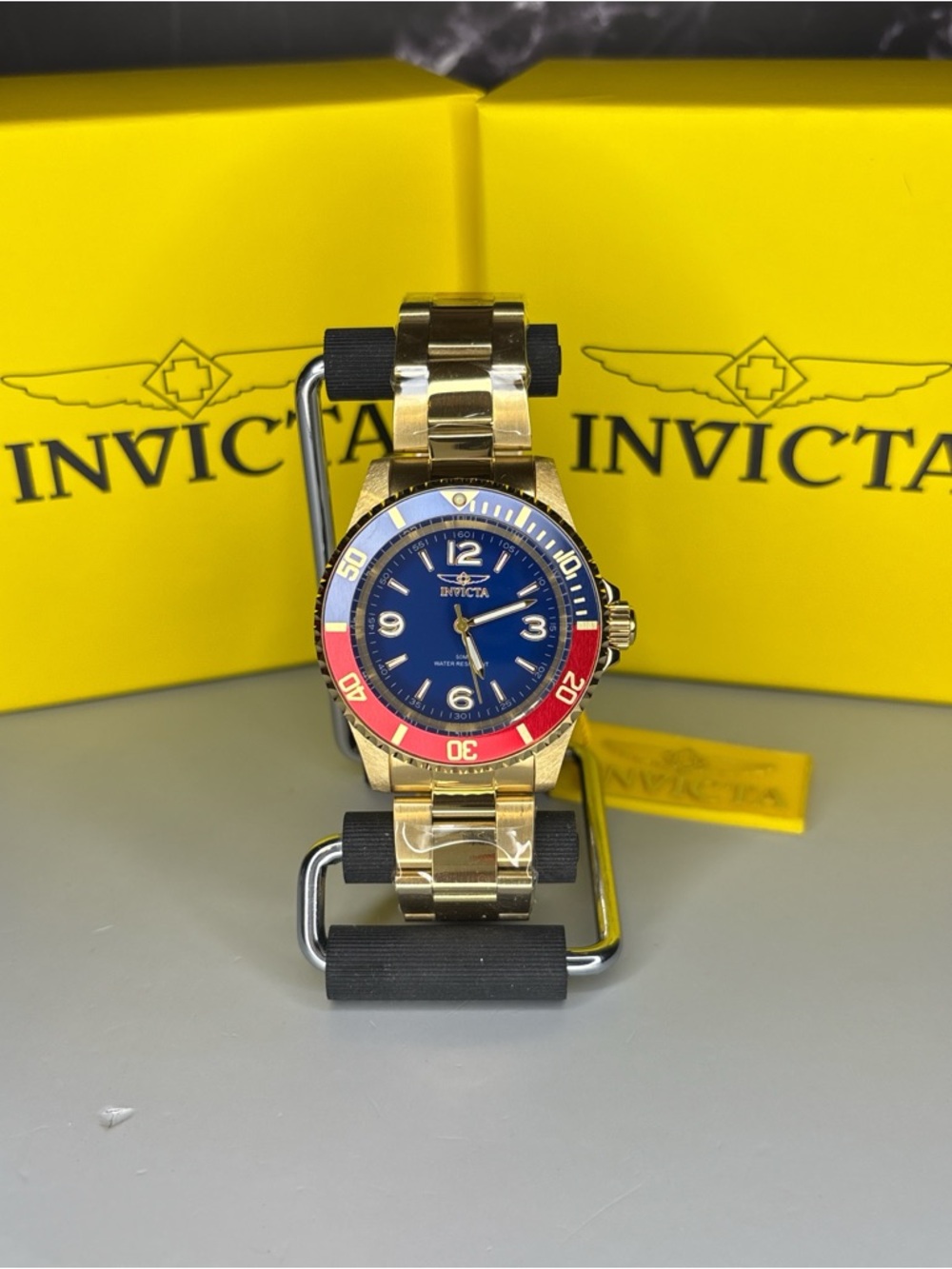 Invicta Pro Diver Gold-Tone Watch with Blue Dial and Red/Blue Bezel